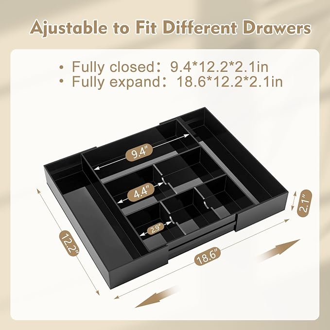 1 Pcs Acrylic Desk Drawer Organizer 9'' up to 18'' x 12'' x 2.1'' Expandable Drawer Organizer Trays with 8 Adjustable Compartments Black Desk Accessories for Makeup Office Bathroom