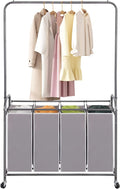 STO STO Laundry Sorter 4 Section with Hanging Bar, 4 Bag Laundry Hamper with Hanging Rod, Laundry Basket with Heavy Duty Lockable Wheels and Removable Bag for Clothes Storage, Gray