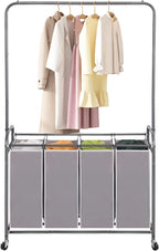 STO STO Laundry Sorter 4 Section with Hanging Bar, 4 Bag Laundry Hamper with Hanging Rod, Laundry Basket with Heavy Duty Lockable Wheels and Removable Bag for Clothes Storage, Gray