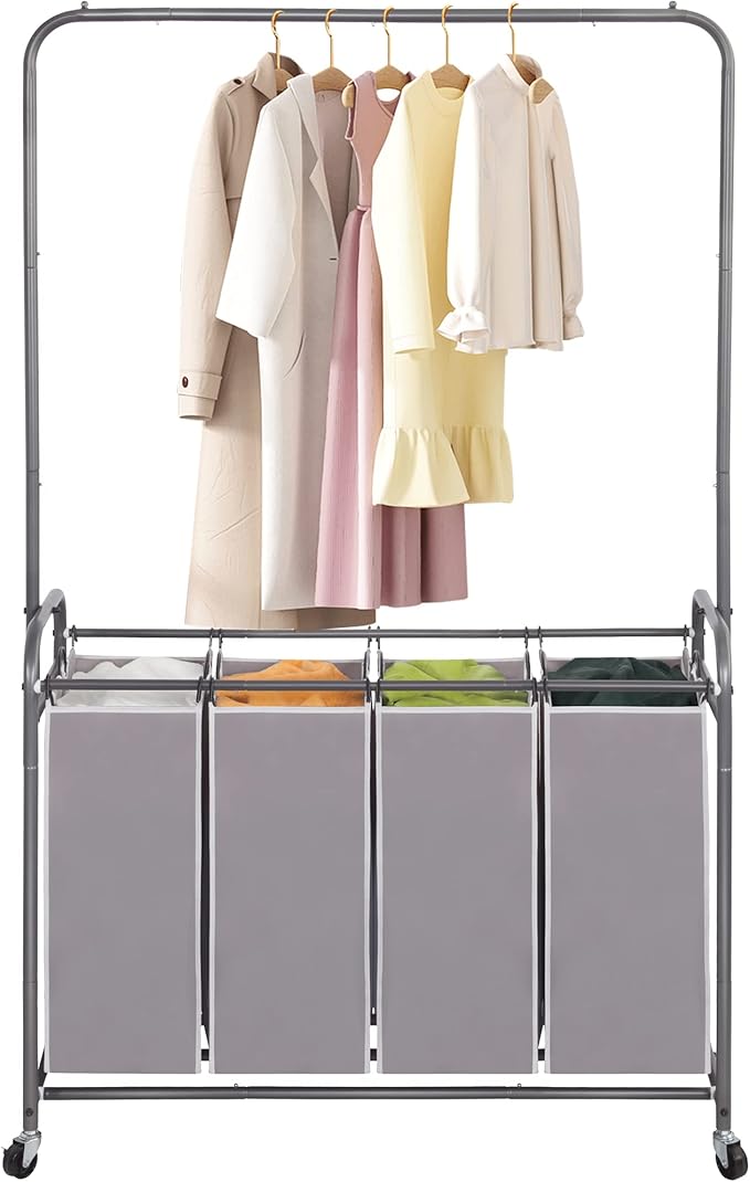 STO STO Laundry Sorter 4 Section with Hanging Bar, 4 Bag Laundry Hamper with Hanging Rod, Laundry Basket with Heavy Duty Lockable Wheels and Removable Bag for Clothes Storage, Gray