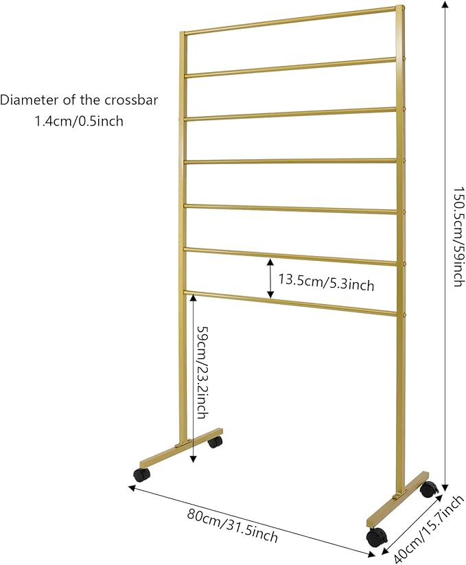 Scarf Organizer Stand, 7-Tier Freestanding Scarf Display Rack with Wheels, Metal Scarf Holder Belt Pants Hanger for Commercial Clothing Retail Store Home, 31.5" x 15.7" x 59"(Gold)