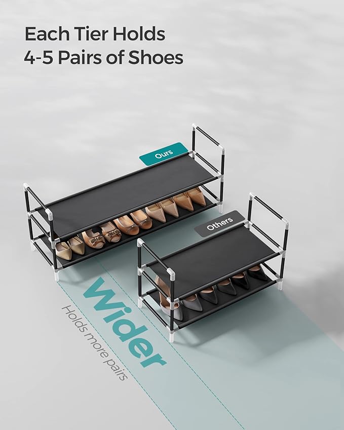 SONGMICS 2-Tier Shoe Rack, Shoe Storage for Hallway Closet, Slim and Space-Saving, Metal Frame, Non-Woven Fabric Shelves, Black ULSH052B01
