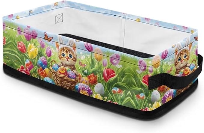 Toilet Paper Storage Basket for Bathroom Organizing, Small Storage Bins Rectangular Narrow Organizer Bathroom Essentials Storage Container, Easter Cat Eggs Tulip Flower Butterfly