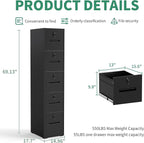 File Cabinet 5 Drawer with Lock, Vertical Filing Cabinets for Home Office, Metal Steel Storage Cabinet for Letter/Legal Size File, Assembly Required(Black)