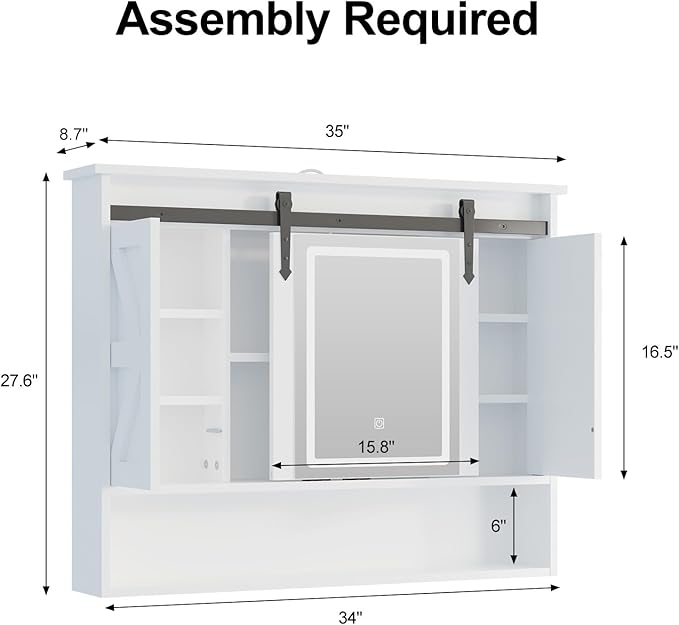 Farmhouse Lighted Medicine Cabinet with Mirror,Sliding Barn Door Mirrored Medicine Cabinet for Bathroom,3-Color Memory LED Medicine Cabinets Mirror Wall Mounted for Kitchen/Laundry,28x35