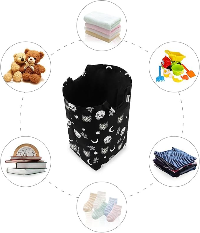 Gothic Moon Skull Cat Laundry Basket for College Dorm,50L Collapsible Portable Laundry Hamper Storage Basket for Toys Clothes Organizer