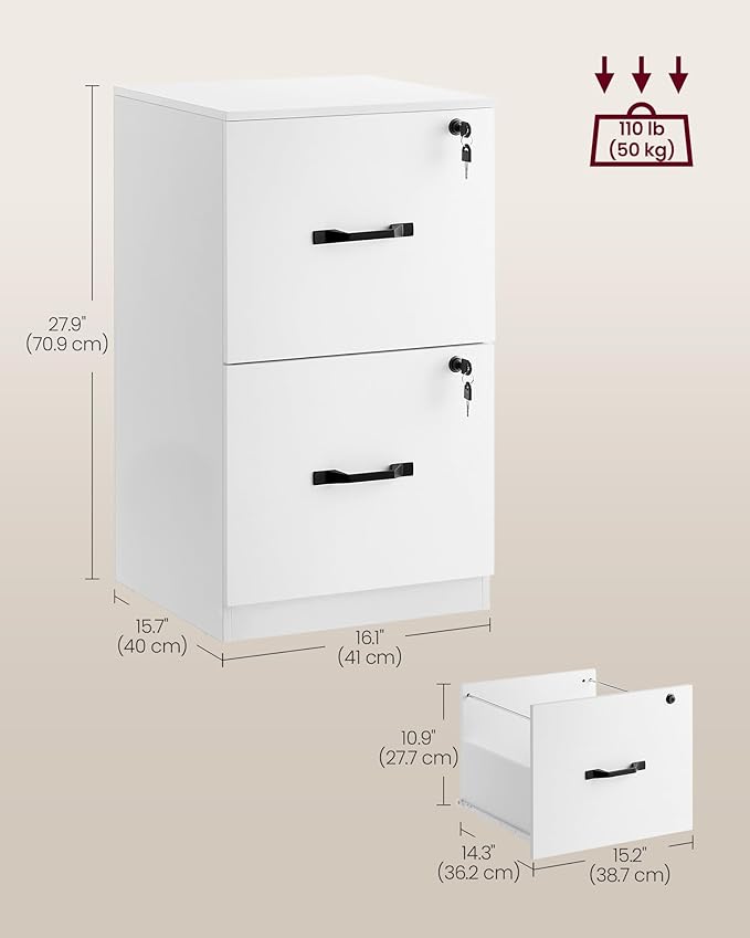 VASAGLE 2 Drawers File Cabinet with Lock, Printer Stand, Office Filing Cabinet Organizer, for A4 and Letter Size Documents, Cloud White UOFC061W14