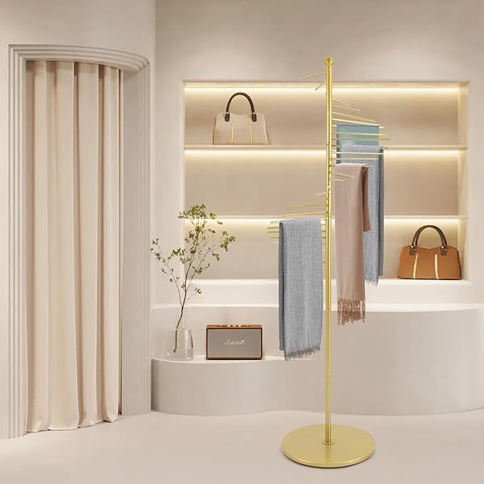 67" Gold Retail Display Tie & Scarf Rack, Belt Hanger & Pants Racks Towel Organizer Hanging Bar, Floor Standing Tie Racks Scarves Rack Necktie Holder for Home Clothing Store Commercial