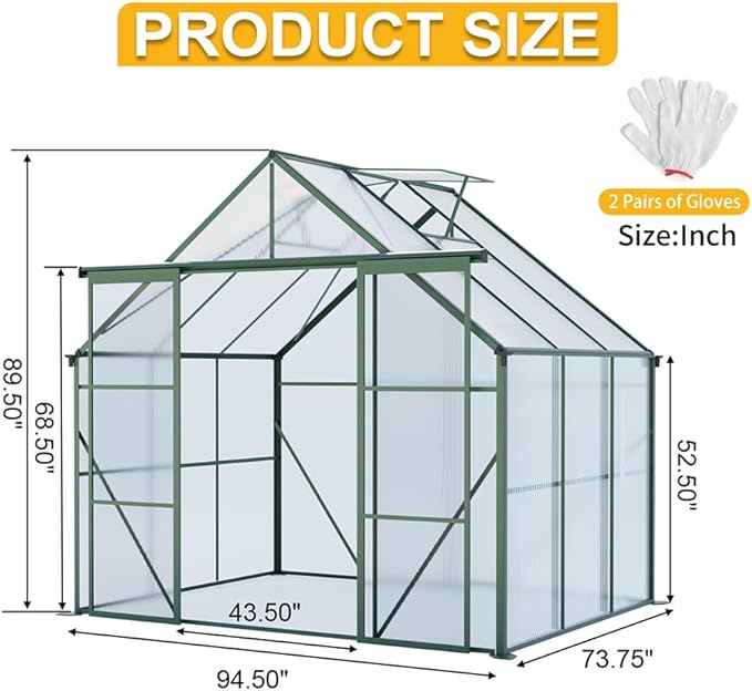 Double Sliding Door Polycarbonate Greenhouse with Rain Gutter and Roof Vent, Raised Base and Anchor Aluminum Heavy Duty Walk-in Green House, Outdoor Patio Sunroom (Green, 73.75*94.5*89.5in)