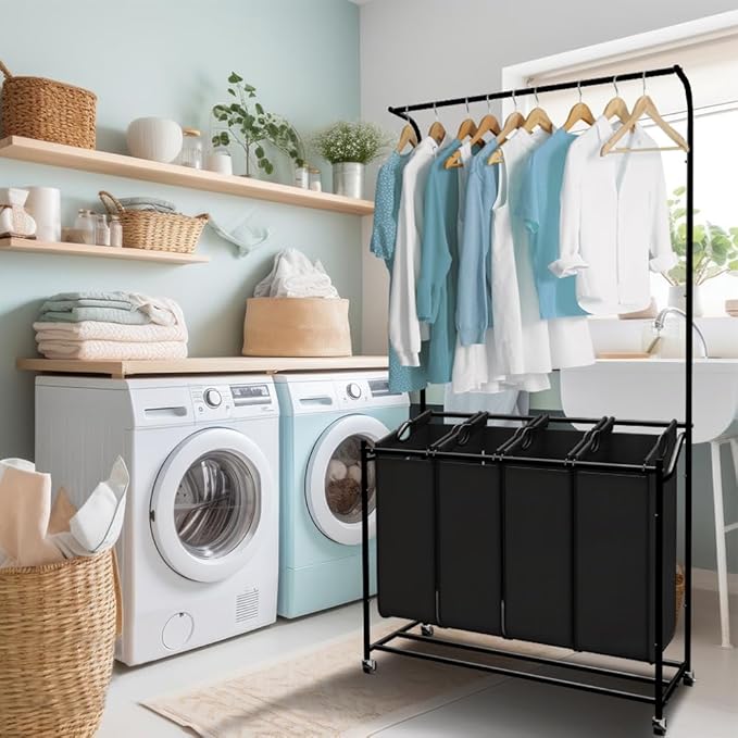LUCKUP Laundry Sorter 4 Sections with Hanging Bar, 4 Bags Laundry Hamper Rolling Laundry Basket Cart with Lockable Wheels for Laundry Room Bathroom Bedroom, Black
