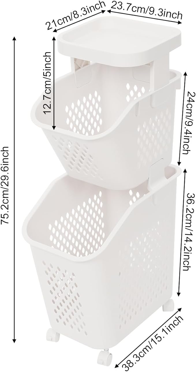 Laundry Hamper Basket Sorter, Multi-Tier PP Laundry Sorter Cart with 4 Wheels, Removable Rolling Laundry Baskets, Heightened Fence, Elevated Bottom (2-Tiers 15.1x29.6in)