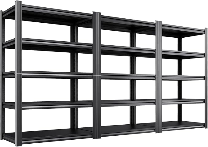 3 Pack Heavy Duty 5-Tier Garage Shelving Unit (2500 LBS Capacity)–71.2"H x 35"W x 16"D Adjustable Metal Storage Rack, Industrial Steel Utility Shelves for Garage, Pantry, Warehouse, and Basement Black