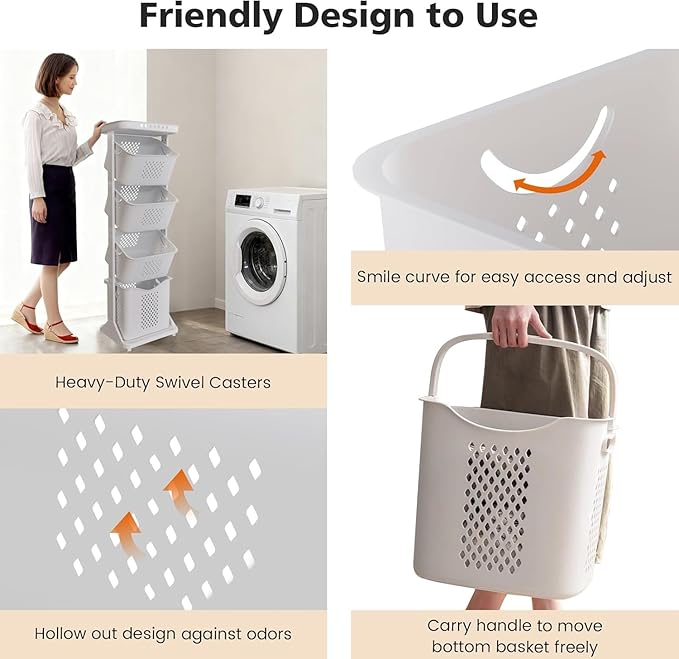 4-Tier Laundry Hamper Sorter & X-Large Foldable Laundry Hamper, Vertical Rolling Laundry Baskets with Wheels, Stackable Laundry Cart Organizer and Storage for Small Space, Closet, Bathroom