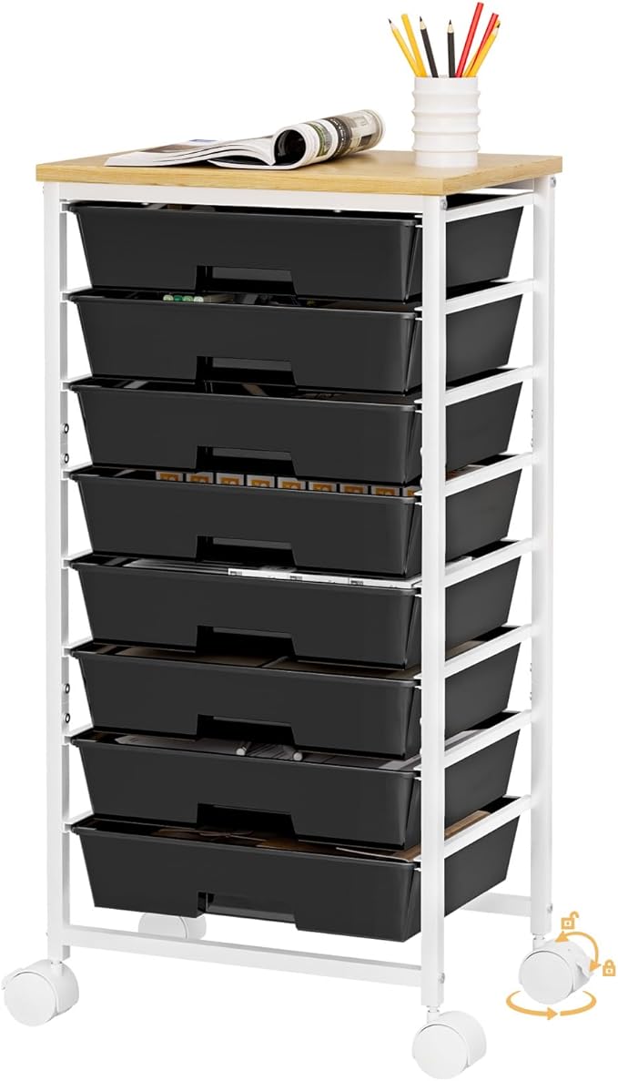 Homde Rolling Storage Drawer Cart: 8-Drawer Sort to Clear Desk & Dresser Clutter - Anti-Fall Smooth Glide Prevents Spill-Out During Daily Grab - Lockable Wheels Keep It Steady