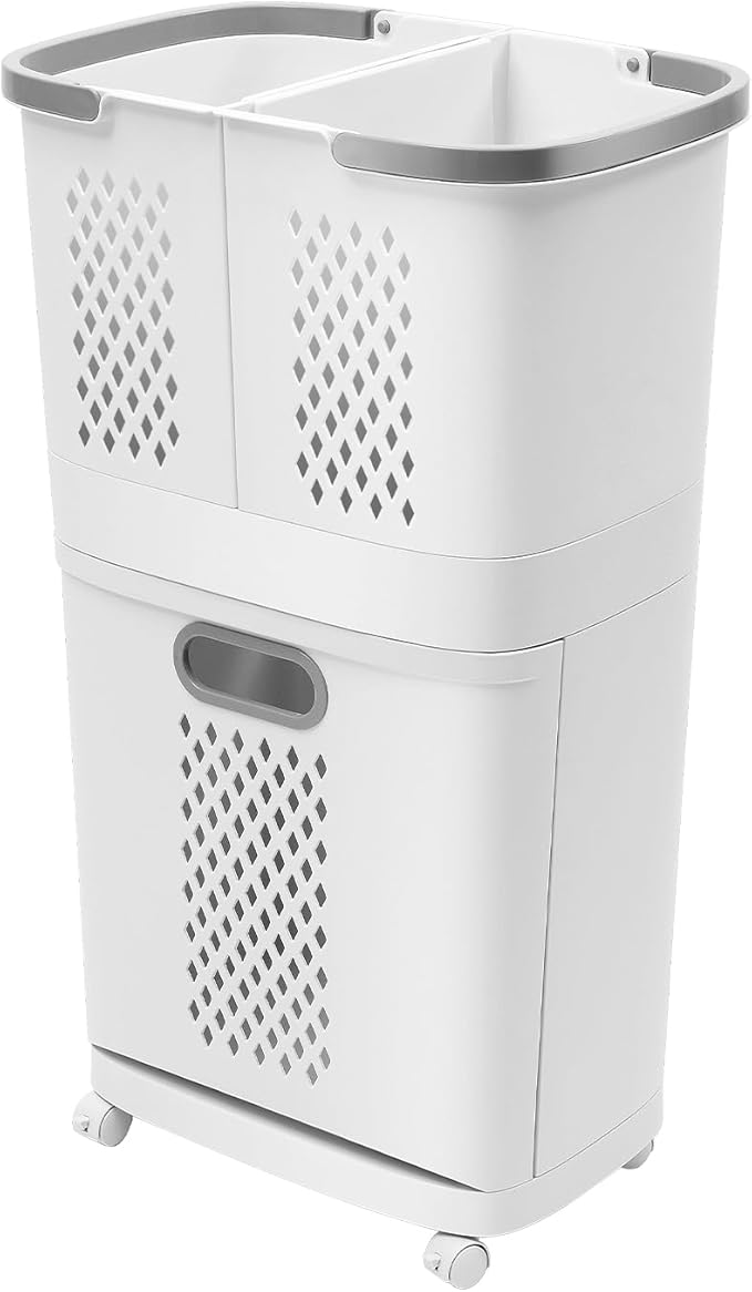 2 Tier Rolling Laundry Hamper Sorter, Removable Laundry Basket Thick Storage Rack Classification with Wheels and Handle White Portable Storage Baskets with 3 Deep Baskets