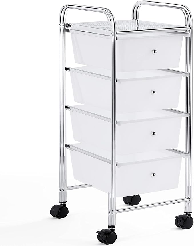 Yaheetech 4 Drawers Cart Rolling Plastic Storage Cart and Organizer Metal Frame Drawers Plastic Trolley Organizer on Wheels, White
