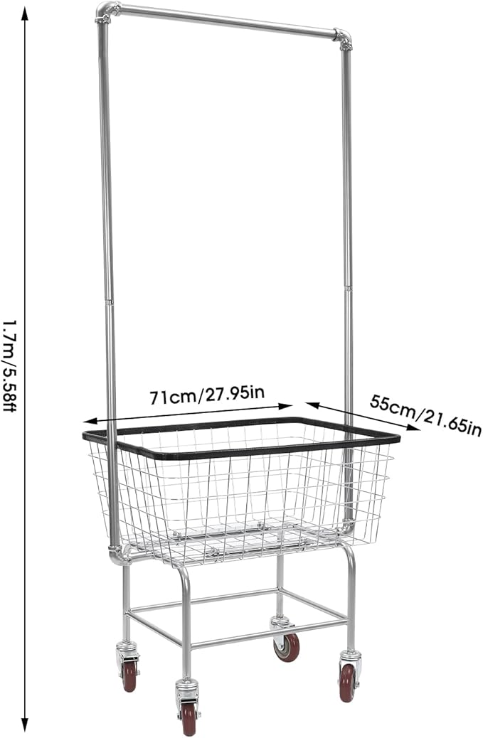 Steel Wire Laundry Cart, Rolling Laundry Basket With Wheels & Hanging Rack, Heavy Duty Large Laundry Basket Cart, Laundry Hamper Organizer for home, hotel, bathroom, commercial laundry