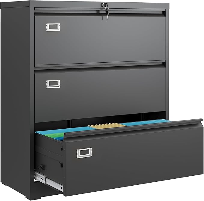 DEVAISE 3 Drawer File Cabinet, Metal Lateral Filing Cabinet with Lock for Letter/Legal/F4/A4 Size, Wide Organization Storage Cabinet for Home Office School (Black, Assembly Required)