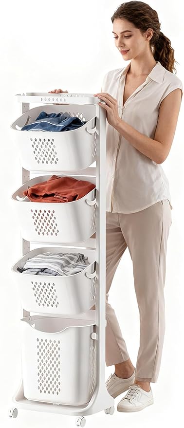 4-Tier Rolling Tiered Laundry Basket Organizer,Vertical Laundry Sorter with Wheels,Stacked Basket Holder for Bathroom & Laundry Room, White (54 Inch)