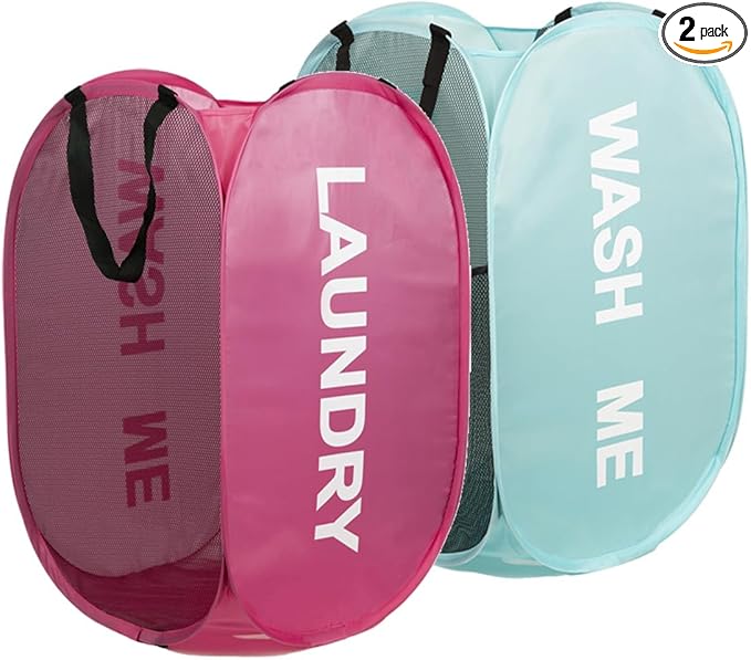 2pcs Pop Up Mesh Laundry Hamper Room Collapsible Storage Bin Lightweight Basket For College Dorm Home Travel Camping (Pink & Mint blue)