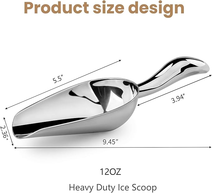 12 Oz 304 Stainless Steel Ice Scoop for Freezer & Ice Machine – Heavy Duty Metal Scooper, Dishwasher Safe, Multi-Purpose for Kitchen, Bar, Party, Wedding (Ice, Flour, Dry Goods)
