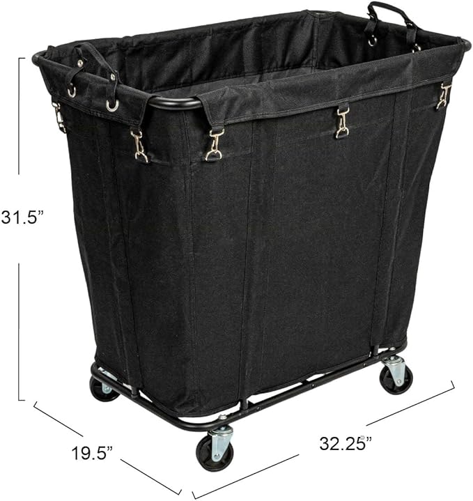 Household Essentials Commercial Laundry Cart with Rolling Caster Wheels, Black Canvas Liner and Steel Frame