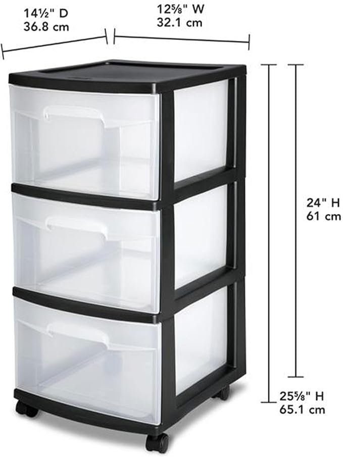 Sterilite 6 Pack Plastic Storage Organizer, 3 Drawer Rolling Bin Cart, Closet Organization, Black