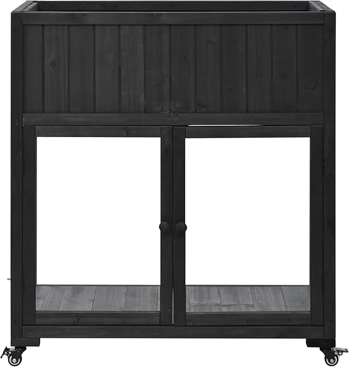 Patio 35.4"x17.7"x37.4" Mini Wood Cold Frame, Compact 2 Doors Garden Greenhouse with Wheels, Raised Bed with Liner for Indoor Outdoor Use, Black
