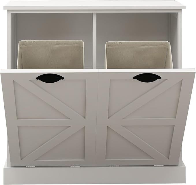 Tilt Out Laundry Sorter Cabinet with 2 Removable Liner Bags,Divided Laundry Hamper Cabinet with Semi-Circular Metal Handle and Barn Door for Space Saving (Style-01)