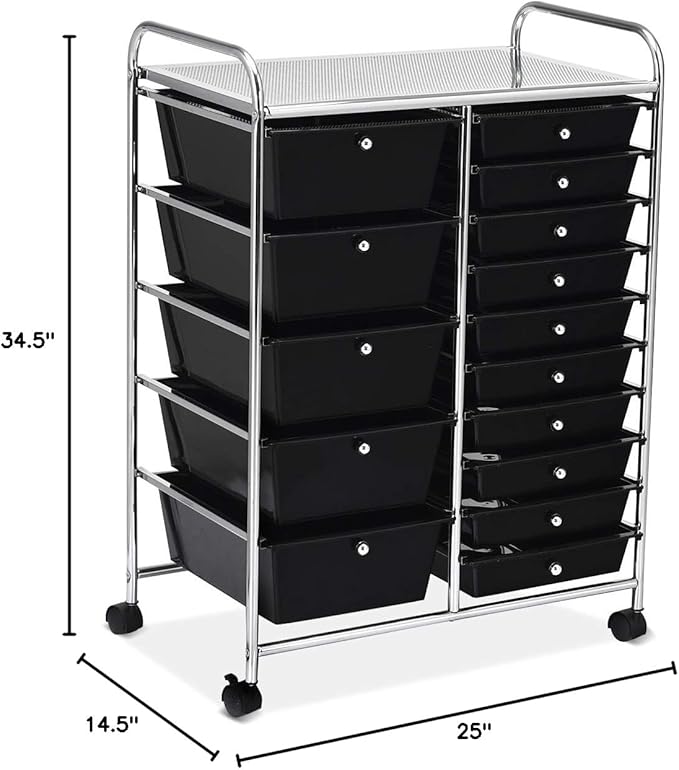 RELAX4LIFE 15 Drawer Rolling Storage Cart, Mobile Drawer Carts for Craft Art Supply Paper Salon, Utility Cart on Wheels for Classroom Teacher School Office, Rolling Cart with Drawers (Black)