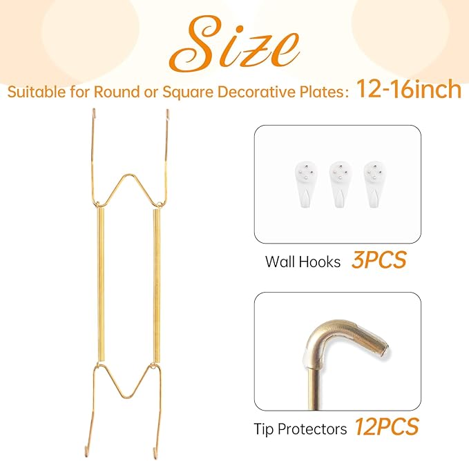 3 Pack Plate Hangers for The Wall, Suitable for 12-16 inch Art Plate, Stainless Steel Invisible Heavy Duty Wire Plate Holder with Wall Hooks, Plate Hangers for Displaying Plates, Platter, Dish, Gold