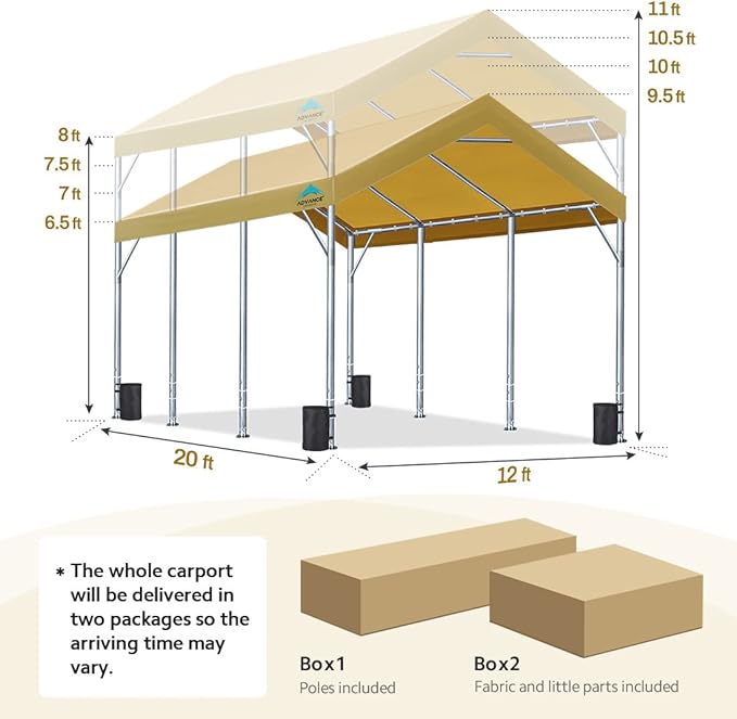 ADVANCE OUTDOOR 12x20 ft Canopy Garage Heavy Duty Carport Car Boat Shelter Party Tent, Adjustable Peak Height from 9.5ft to 11ft, Beige