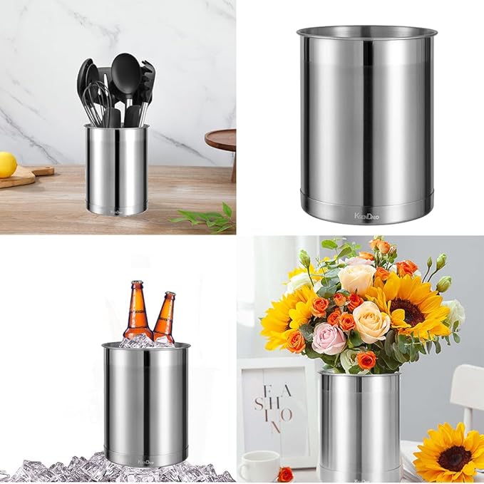 KSENDALO 3 Pack Stainless Steel Utensil Holder for Counter, Brushed Silver Metal Utensil Crock Canister with Heavy Base, Dishwasher Safe, for Kitchen Countertop Storage