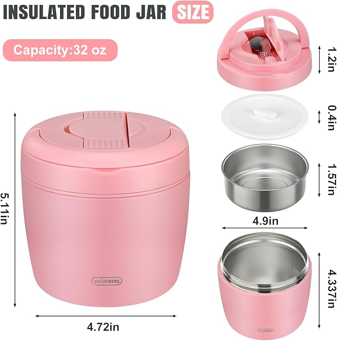 Thermo Food Jar for Hot Food Adults 32OZ Soup Thermo Lunch Containers Wide Mouth Vacuum Insulated Stainless Steel Leakproof Bento Box with Spoon (Pink2)
