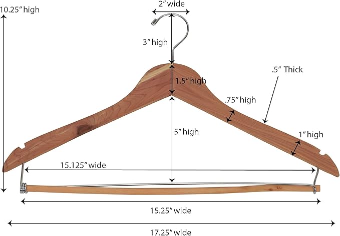 Household Essentials CedarFresh Cedar Coat Hangers, Pack of 4, 100% Eastern Red Cedar, Lockable Crossbar, Slip-Resistant Notches, and Chemical-Free Moth Deterrent, Non-Staining, Natural