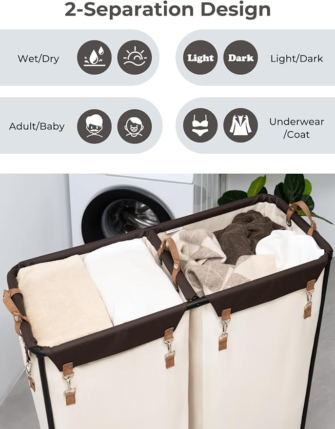 StorageWorks 390L Extra Large Laundry Hamper with Wheels, Laundry Basket with Wheels 2 Sections, Clothes Sorter Cart with Divider for Hotel, Home, Beige, 1-Pack