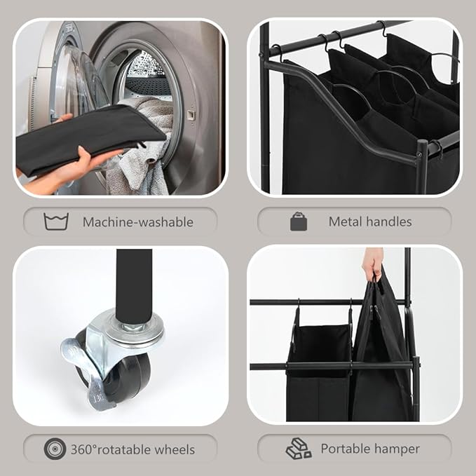 LUCKUP Laundry Sorter 4 Sections with Hanging Bar, 4 Bags Laundry Hamper Rolling Laundry Basket Cart with Lockable Wheels for Laundry Room Bathroom Bedroom, Black