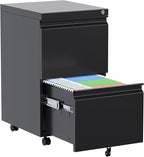 Aobabo 2 Drawer File Cabinet with Lock, Pre-Assembled Mobile Filing Cabinet Under Desk, Anti-Tilt Rolling Metal Office Storage for Letter and Legal Size, Black