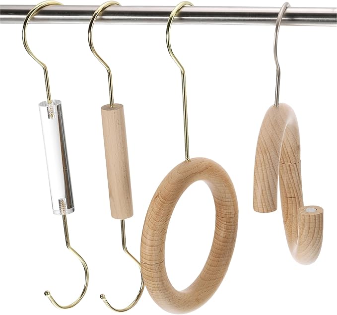 uxcell 2Pcs 4 Inch Scarf Ring Hanger Scarf Organizer Holder Wood Circle Closet Storage Hanging Hook for Belt Tie Scarf, 15cm Length Hook (Gold)