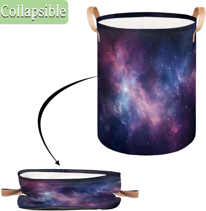 Space Universe Galaxy Collapsible Laundry Basket Large Laundry Hamper Waterproof Foldable Storage Bins Laundry Basket with Leather Handles Clothes Nursery Hampers