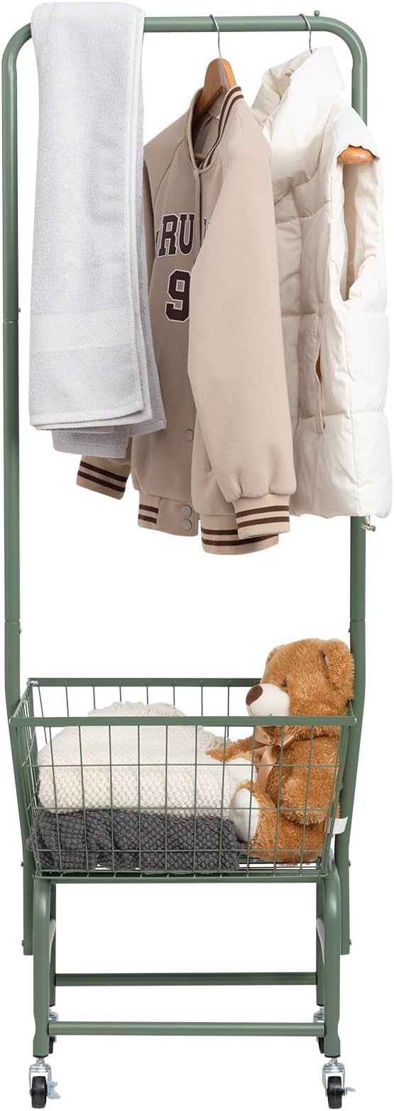 ALIMORDEN Laundry Cart with Clothes Rack, Rolling Laundry Butler with Wire Storage Rack，Green