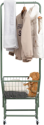 ALIMORDEN Laundry Cart with Clothes Rack, Rolling Laundry Butler with Wire Storage Rack，Green