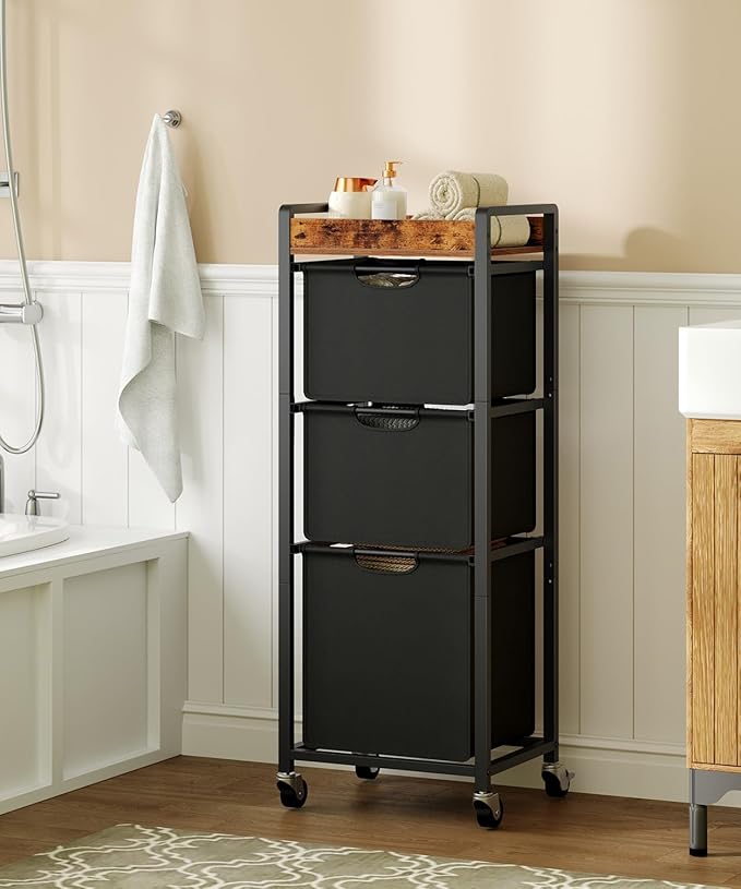 HOOBRO Vertical Laundry Hamper with Wheels, Slim 3 Section Laundry Sorter, Space Saving Rolling Laundry Cart with Removable Bags & Shelf, Laundry Basket for Bathroom, Bedroom, Rustic Brown