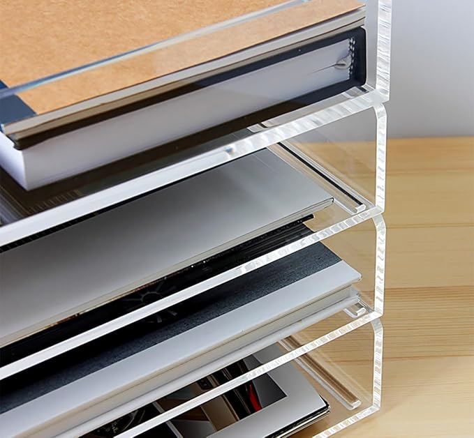 Elsjoy Set of 2 Acrylic File Tray, 2-Tier Stackable Paper Tray Clear Desktop File Organizer for Documents, Books, Magazine, Office, School