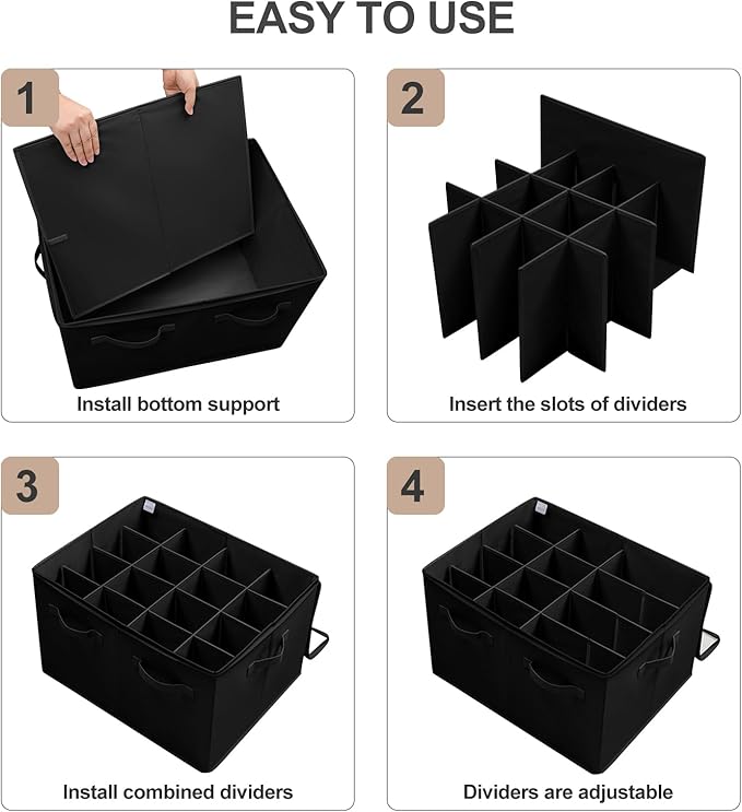 Shoe Organizer for Closet 2 Pack, Foldable Shoe Box with Adjustable Dividers and Clear Cover, Space Saving Shoe Storage Organizer Cabinet with Reinforced Handles, Fits 32 Pairs, Black TP12B