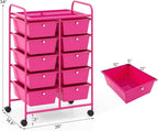 Giantex 10 Drawers Rolling Cart, Classroom Organizers, Storage Cart with Wheels, for Teacher Office Home School Supplies Tool Craft Art Paper, Hot Pink