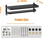 DDS-DUDES 15 Inch Black Towel Racks for Bathroom Towel Shelf with Double Towel Bars Lavatory Wall Mount Holder with Hooks Stainless Steel Hotel Bath Rack (Matte Black)