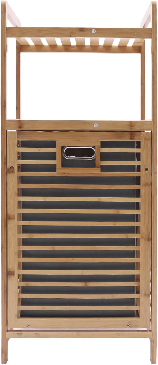 Bamboo Laundry Hamper with 2-Tier Shelves & Tilt Out Basket, Removable Clothes Basket Tower Organizer, Utility Laundry Sorter Cart Rolling with Clothes Hanging Rod for Bathroom