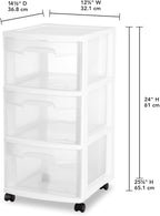 Sterilite 4 Pack Plastic Storage Organizer, 3 Drawer Rolling Bin Cart, Closet Organization, White