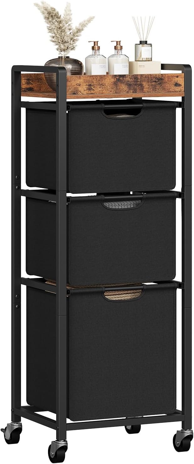 HOOBRO Vertical Laundry Hamper with Wheels, Slim 3 Section Laundry Sorter, Space Saving Rolling Laundry Cart with Removable Bags & Shelf, Laundry Basket for Bathroom, Bedroom, Rustic Brown
